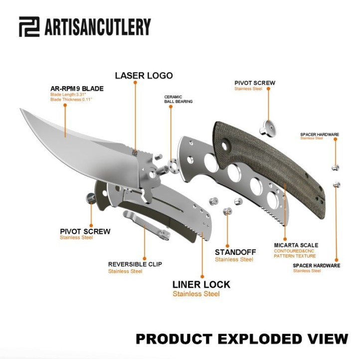 Couteau Artisan Cutlery Arroyo Green Lame AR-RPM9 Manche Micarta IKBS Linerlock Clip ATZ1845PODG - Livraison Gratuite