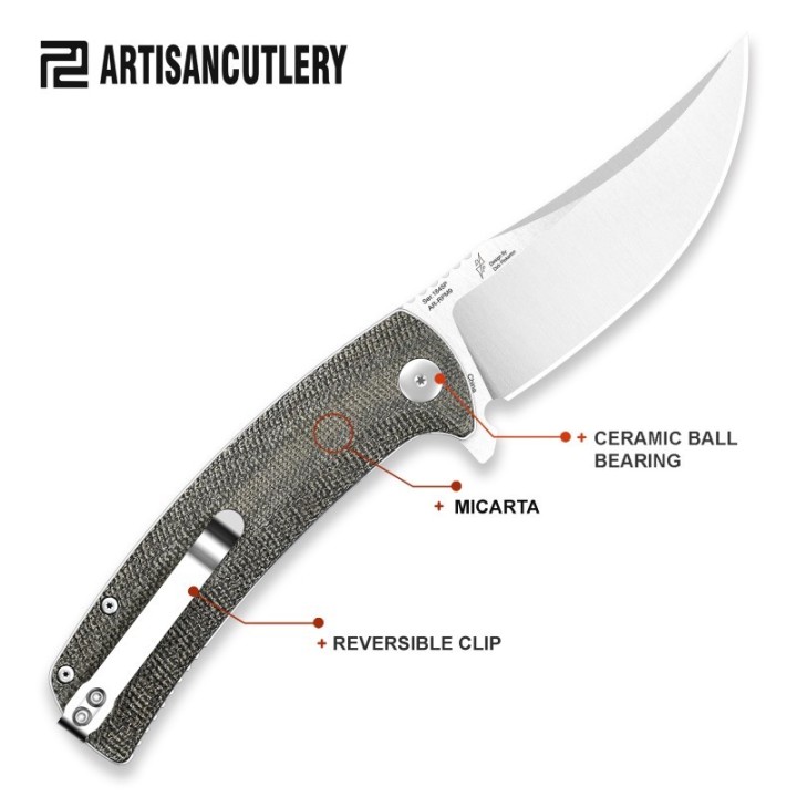 Couteau Artisan Cutlery Arroyo Green Lame AR-RPM9 Manche Micarta IKBS Linerlock Clip ATZ1845PODG - Livraison Gratuite