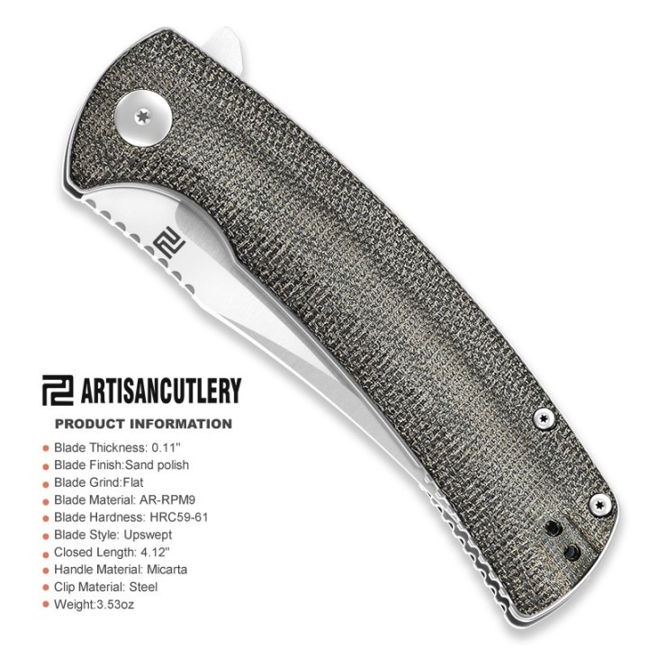 Couteau Artisan Cutlery Arroyo Green Lame AR-RPM9 Manche Micarta IKBS Linerlock Clip ATZ1845PODG - Livraison Gratuite