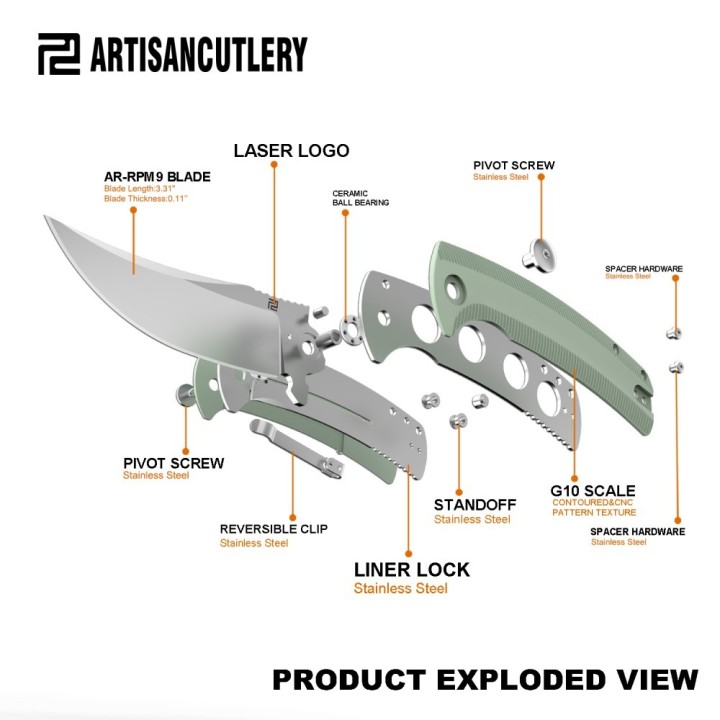 Couteau Artisan Cutlery Arroyo  Lame AR-RPM9 Manche Jade G10 IKBS Linerlock Clip ATZ1845PNTG - Livraison Gratuite