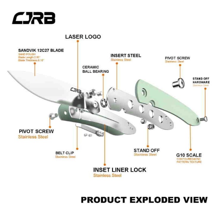 J1917NTG Couteau CJRB Ria Jade Lame Acier 12C27 Blade Manche Green G10 Linerlock Clip - Livraison Gratuite