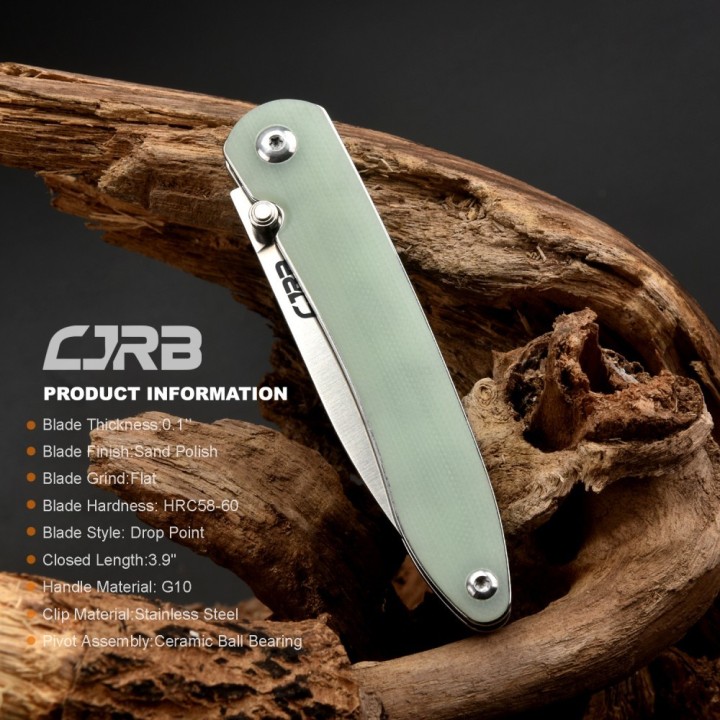 J1917NTG Couteau CJRB Ria Jade Lame Acier 12C27 Blade Manche Green G10 Linerlock Clip - Livraison Gratuite
