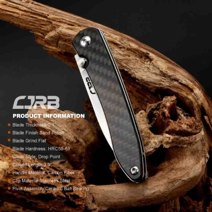 J1917CF Couteau CJRB Black Lame Acier 12C27 Manche Fibre de Carbone IKBS Linerlock Clip - Livraison Gratuite