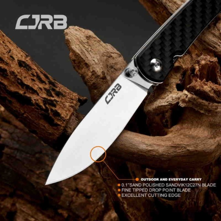 J1917CF Couteau CJRB Black Lame Acier 12C27 Manche Fibre de Carbone IKBS Linerlock Clip - Livraison Gratuite