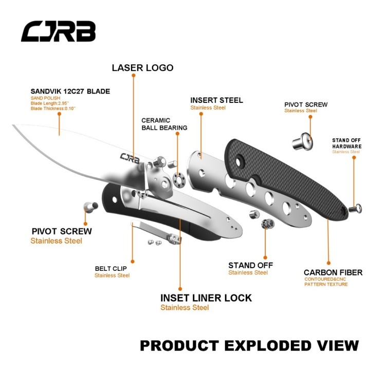 J1917CF Couteau CJRB Black Lame Acier 12C27 Manche Fibre de Carbone IKBS Linerlock Clip - Livraison Gratuite