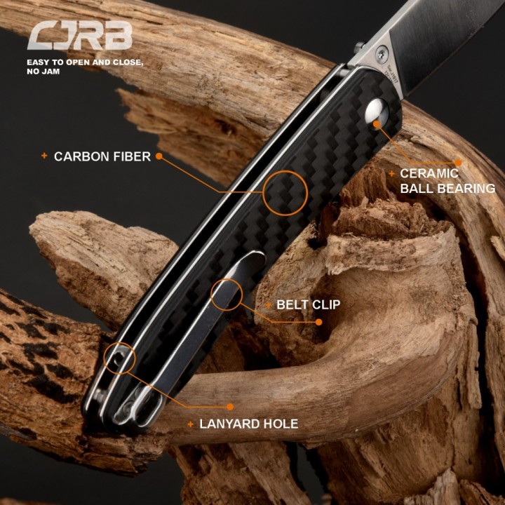 J1917CF Couteau CJRB Black Lame Acier 12C27 Manche Fibre de Carbone IKBS Linerlock Clip - Livraison Gratuite