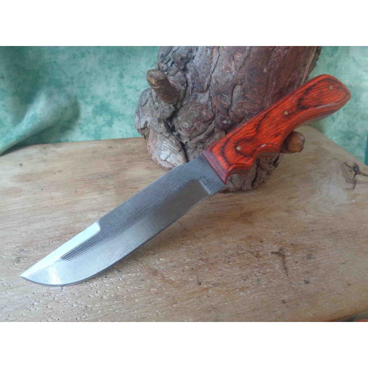 Couteau De Chasse Bushcraft Lame de Scie Manche Bois Etui CUir Fabrication Artisanale SM0017 - Livraison Gratuite