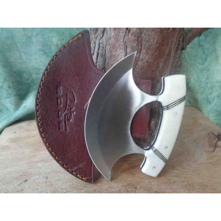Couteau D'esquimau Ulu Inuit Lame Acier Inox Manche Os Etui Cuir PA8026BO - Livraison Gratuite