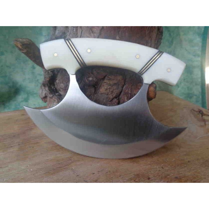Couteau D'esquimau Ulu Inuit Lame Acier Inox Manche Os Etui Cuir PA8026BO - Livraison Gratuite