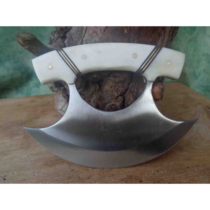 Couteau D'esquimau Ulu Inuit Lame Acier Inox Manche Os Etui Cuir PA8026BO - Livraison Gratuite