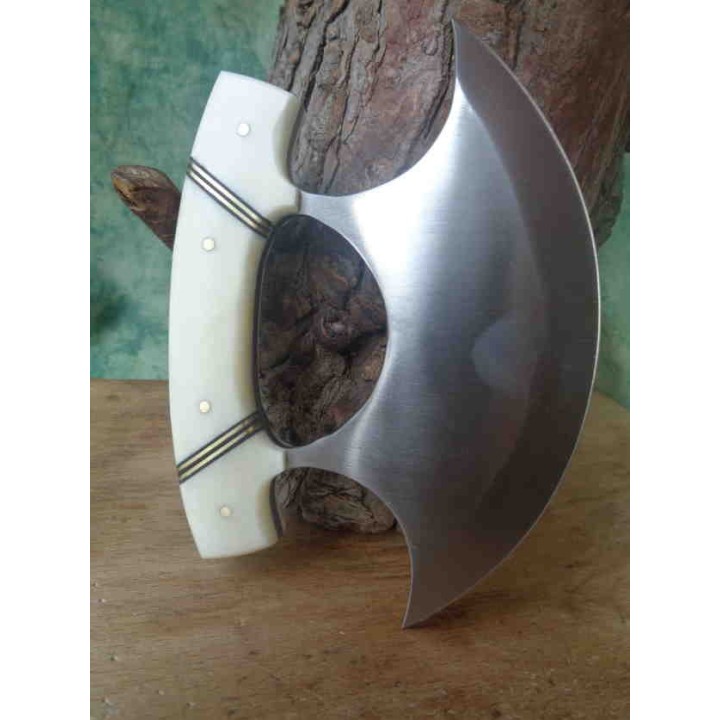 Couteau D'esquimau Ulu Inuit Lame Acier Inox Manche Os Etui Cuir PA8026BO - Livraison Gratuite