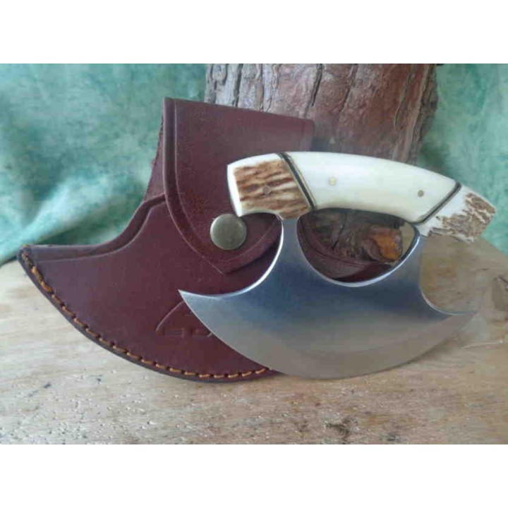 Couteau D'esquimau Ulu Inuit Lame Acier Inox Manche Os/Corne Etui Cuir PA8026SG - Livraison Gratuite
