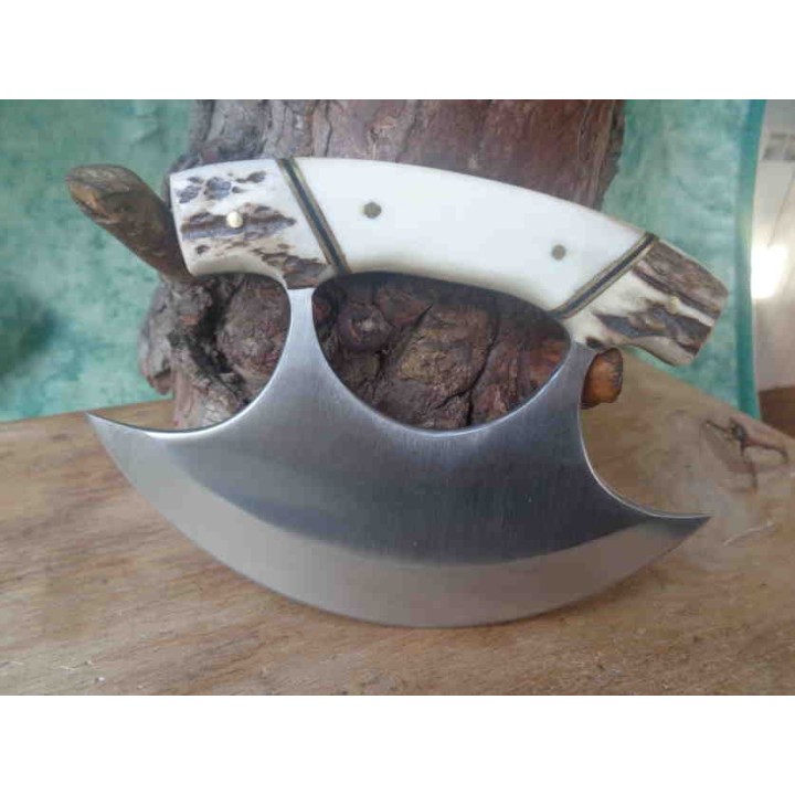 Couteau D'esquimau Ulu Inuit Lame Acier Inox Manche Os/Corne Etui Cuir PA8026SG - Livraison Gratuite