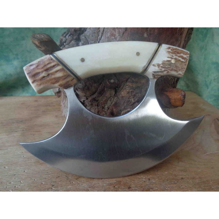 Couteau D'esquimau Ulu Inuit Lame Acier Inox Manche Os/Corne Etui Cuir PA8026SG - Livraison Gratuite