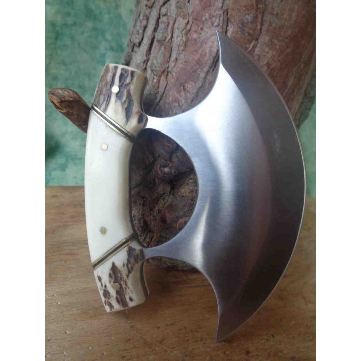 Couteau D'esquimau Ulu Inuit Lame Acier Inox Manche Os/Corne Etui Cuir PA8026SG - Livraison Gratuite