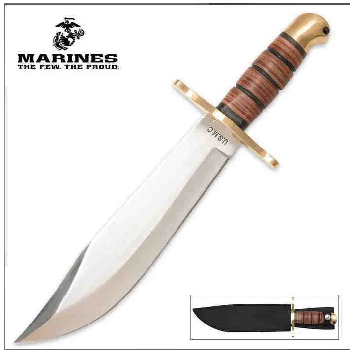 Couteau United Cutlery USMC Leatherneck Bowie Lame Acier Inox Manche Cuir Etui Cuir UCBK1817 - Livraison Gratuite
