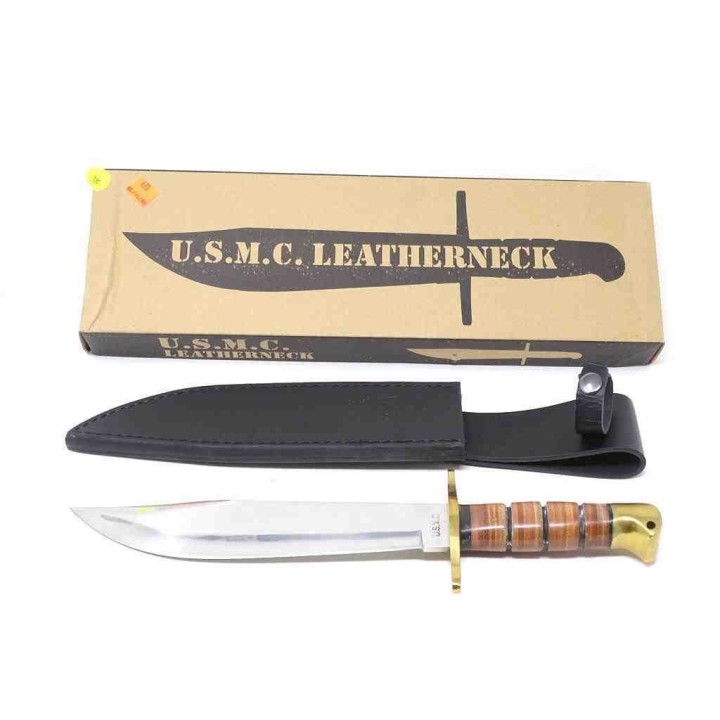 Couteau United Cutlery USMC Leatherneck Bowie Lame Acier Inox Manche Cuir Etui Cuir UCBK1817 - Livraison Gratuite