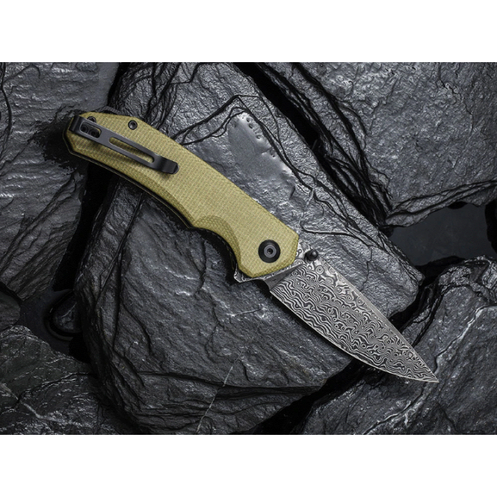 Couteau CIVIVI BRAZEN Olive Manche Micarta Lame Acier Damas IKBS Linerlock Clip CIVC2102DS2 - Livraison Gratuite