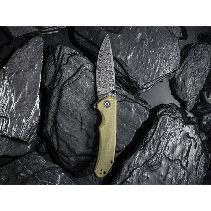 Couteau CIVIVI BRAZEN Olive Manche Micarta Lame Acier Damas IKBS Linerlock Clip CIVC2102DS2 - Livraison Gratuite