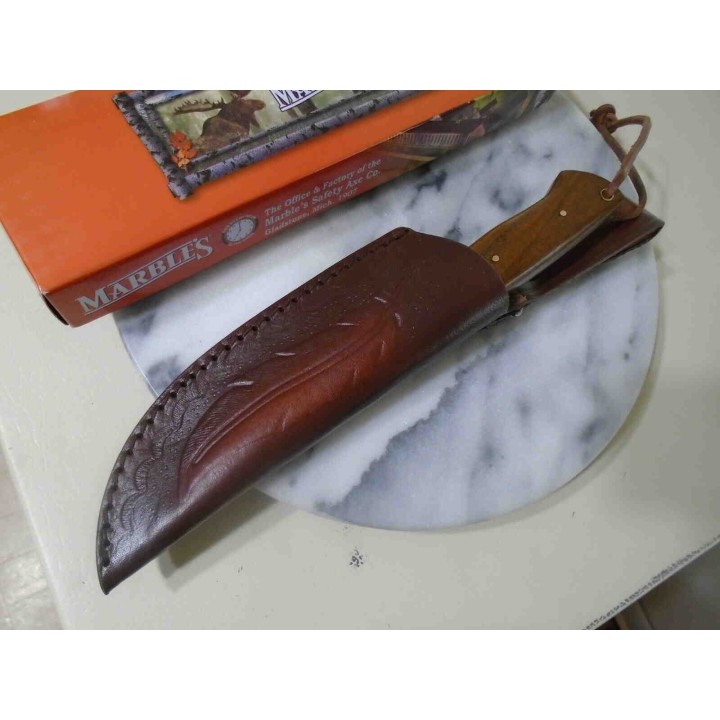 Couteau de Chasse Skinner Marbles Lame Acier Inox Manche Bois/Corne Etui Cuir MR608 - Livraison Gratuite
