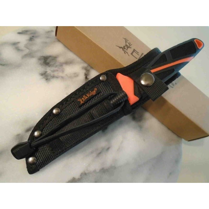 Couteau De Survie Elk Ridge Lame Acier 3Cr13 Manche Nylon Black/Orange Etui Nylon Allume Feu ER20023OR - Livraison Gratuite