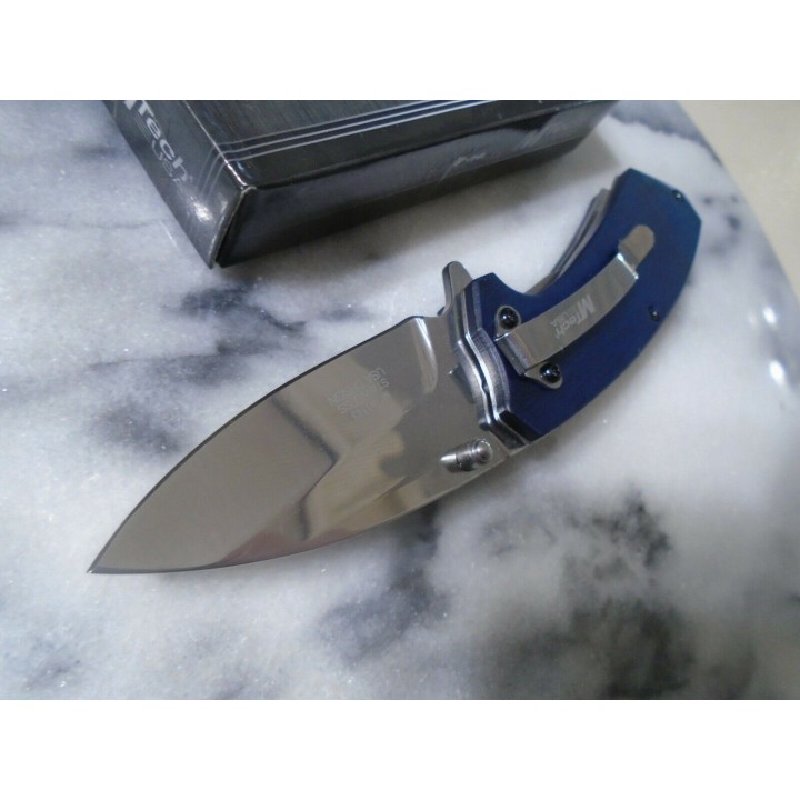 Couteau Mtech A/O Lame Acier 3Cr13 Manche Bois Pakkawood Blue Linerlock Clip MTA1163BL - Livraison Gratuite