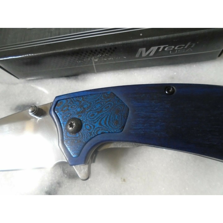 Couteau Mtech A/O Lame Acier 3Cr13 Manche Bois Pakkawood Blue Linerlock Clip MTA1163BL - Livraison Gratuite