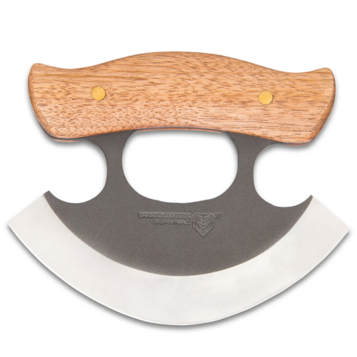 Couteau Bushmaster D'esquimau Ulu Inuit Lame Acier Carbone 1095 Manche Bois Etui Cuir UC3439 - Livraison Gratuite