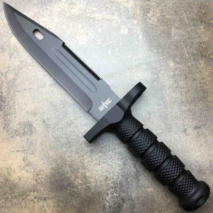 Couteau de Combat S-TEC Bowie Black Lame Acier 3Cr13 Manche Caoutchouc Etui ABS STT228699 - Livraison Gratuite