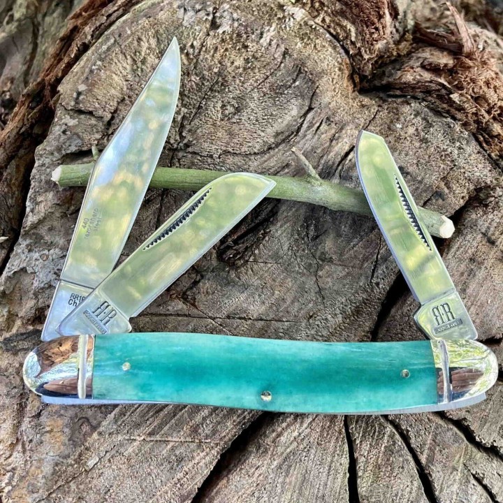 Couteau Rough Rider Stockman Blue Bone Manche Os Lames Acier 440 RR1954 - Livraison Gratuite
