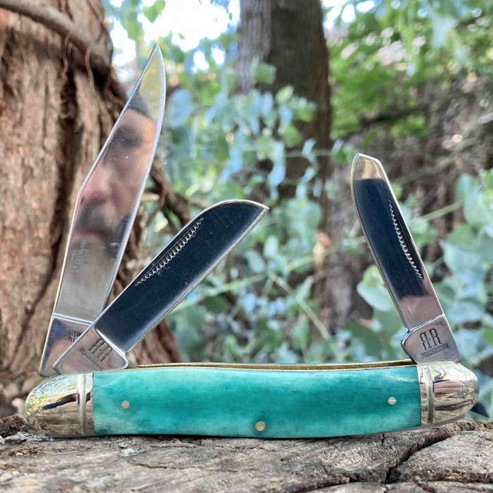 Couteau Rough Rider Stockman Blue Bone Manche Os Lames Acier 440 RR1954 - Livraison Gratuite