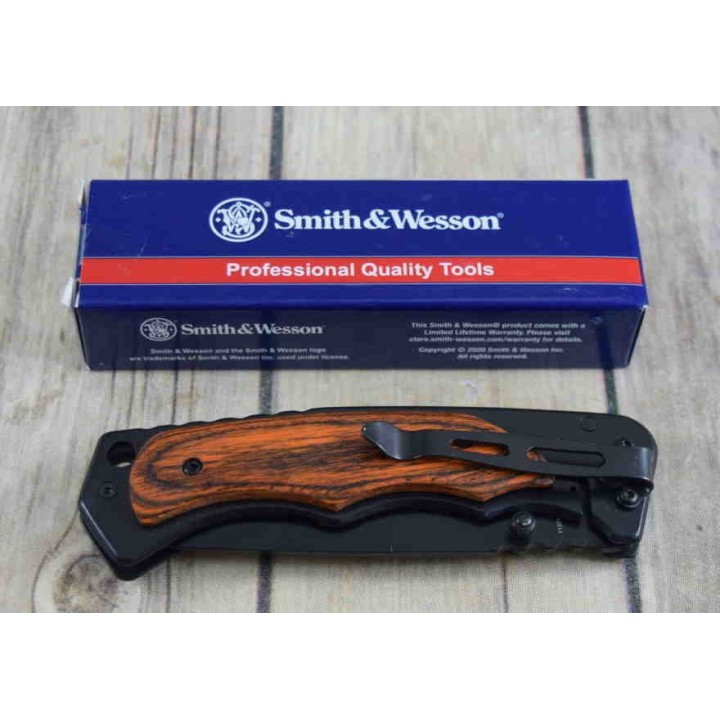 Couteau Smith&Wesson Gentleman Lame 8Cr13MoV Manche Bois Framelock Clip SW1147091 - Livraison Gratuite