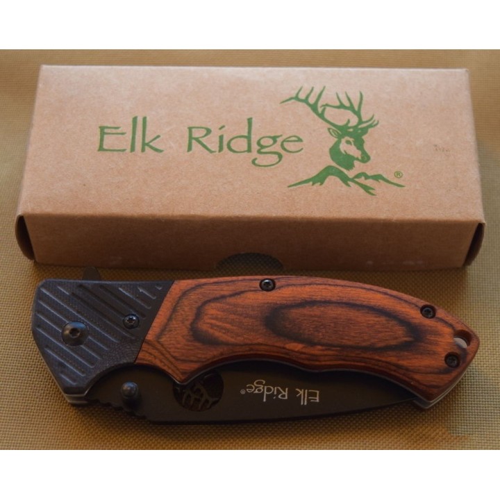 Couteau Elk Ridge Brown Wood Lame Acier Carbone/Inox Manche Bois/G-10 Linerlock ER566BPW - Livraison Gratuite