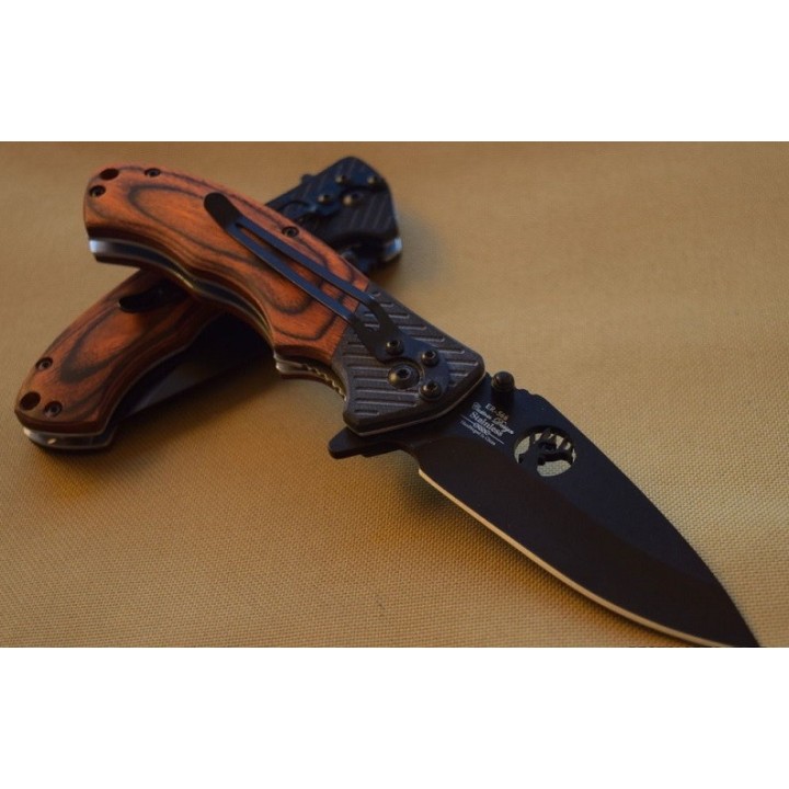 Couteau Elk Ridge Brown Wood Lame Acier Carbone/Inox Manche Bois/G-10 Linerlock ER566BPW - Livraison Gratuite