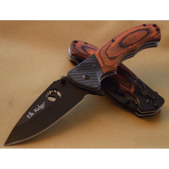 Couteau Elk Ridge Brown Wood Lame Acier Carbone/Inox Manche Bois/G-10 Linerlock ER566BPW - Livraison Gratuite