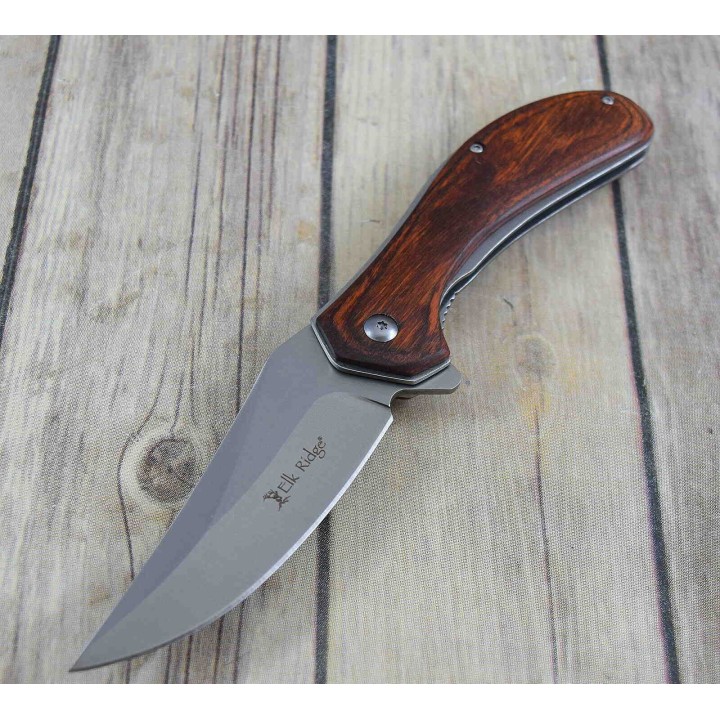 Couteau ELK RIDGE A/O Lame Acier 3Cr13 Manche Bois Linerlock Clip ERA961BR - Livraison Gratuite