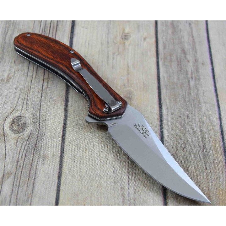 Couteau ELK RIDGE A/O Lame Acier 3Cr13 Manche Bois Linerlock Clip ERA961BR - Livraison Gratuite