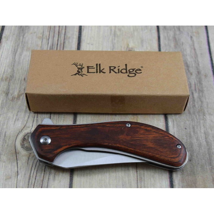 Couteau ELK RIDGE A/O Lame Acier 3Cr13 Manche Bois Linerlock Clip ERA961BR - Livraison Gratuite
