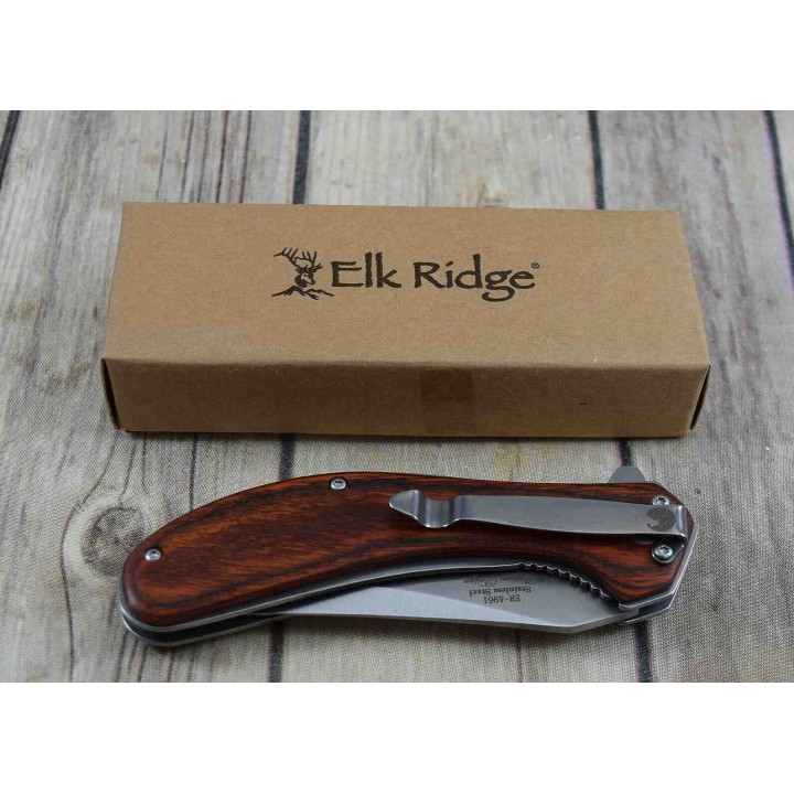 Couteau ELK RIDGE A/O Lame Acier 3Cr13 Manche Bois Linerlock Clip ERA961BR - Livraison Gratuite