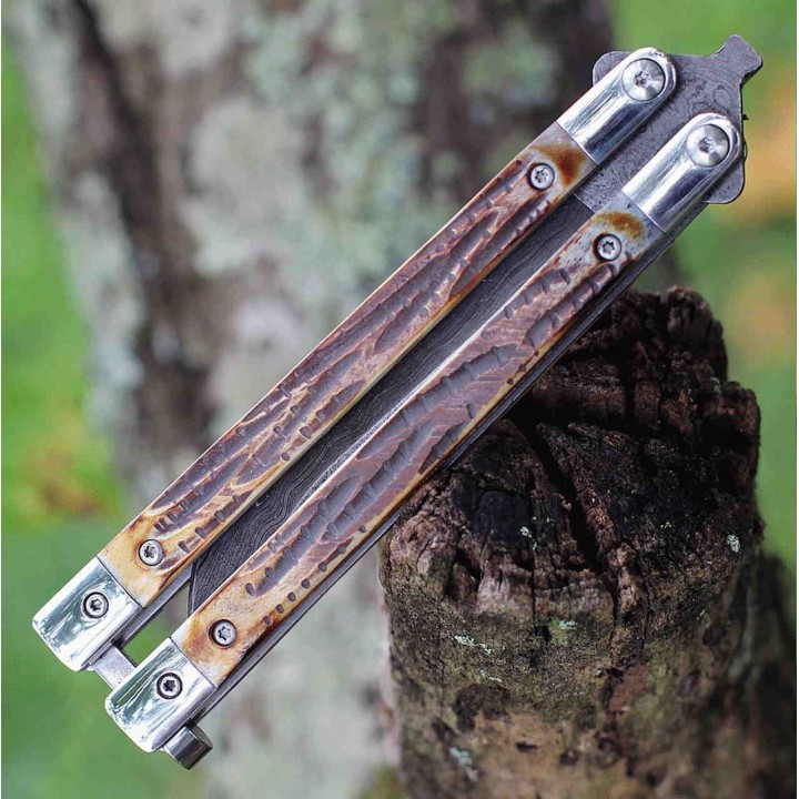 Couteau Butterfly Balisong Lame Damas 128 Couches Manche Os Bear & Son Made In USA BC517D - Livraison Gratuite