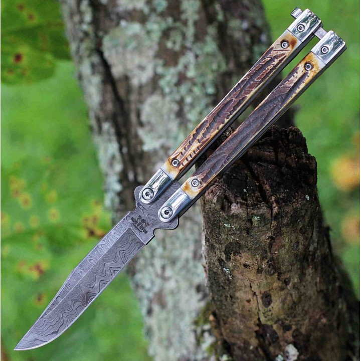 Couteau Butterfly Balisong Lame Damas 128 Couches Manche Os Bear & Son Made In USA BC517D - Livraison Gratuite