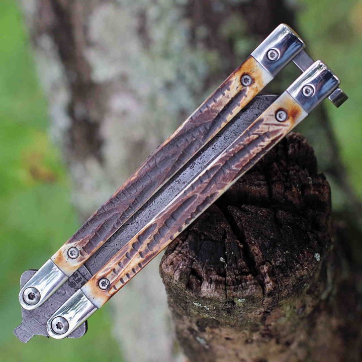 Couteau Butterfly Balisong Lame Damas 128 Couches Manche Os Bear & Son Made In USA BC517D - Livraison Gratuite
