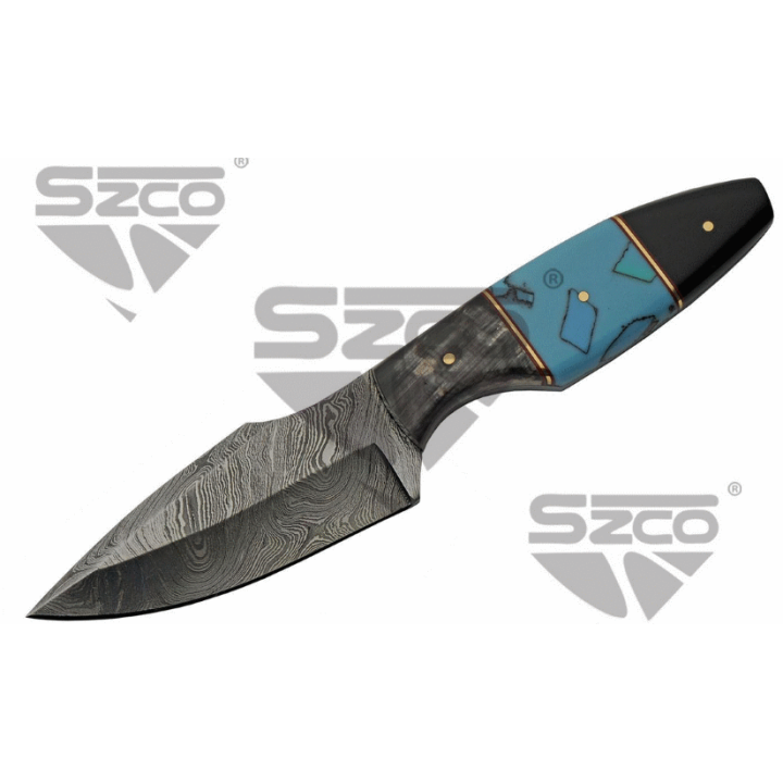 Couteau Skinner Damas 256 Couches Manche Turquoise/Corne Etui Cuir DM1294TR - Livraison Gratuite