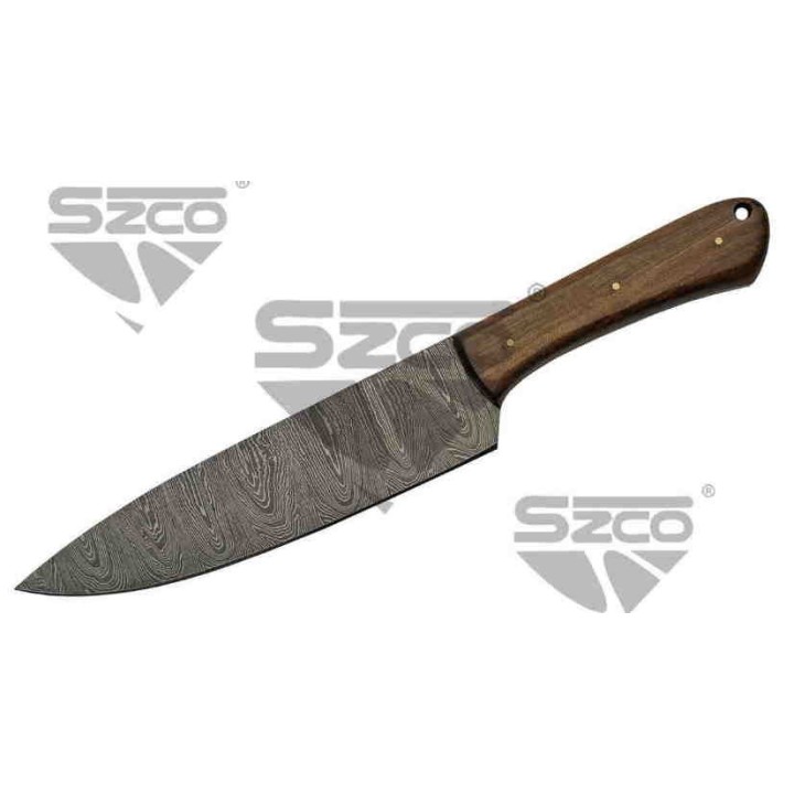 Couteau Damas Bushcraft & Cuisine Lame 256 Couches Manche Noyer Etui Cuir DM1279 - Livraison Gratuite