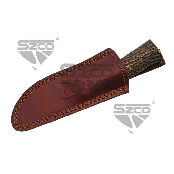 Couteau Damas Skinner Stag/Turquoise Lame 256 Couches Etui Cuir DM1274 - Livraison Gratuite