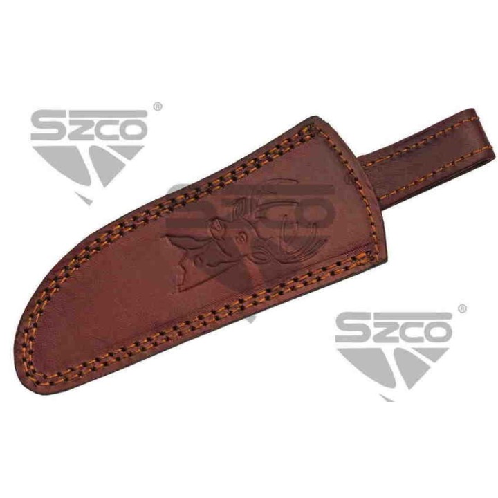 Couteau Damas Skinner Stag/Turquoise Lame 256 Couches Etui Cuir DM1274 - Livraison Gratuite