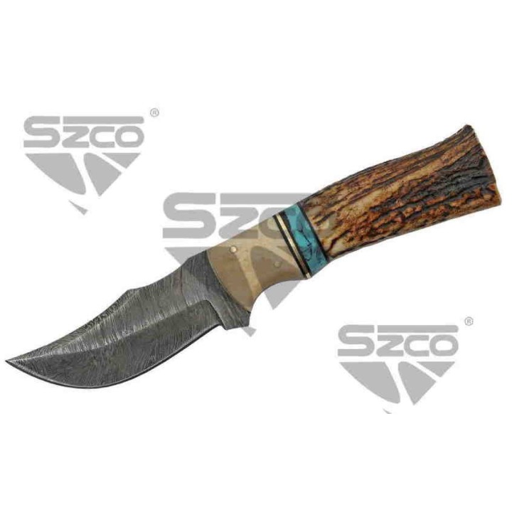 Couteau Damas Skinner Stag/Turquoise Lame 256 Couches Etui Cuir DM1274 - Livraison Gratuite