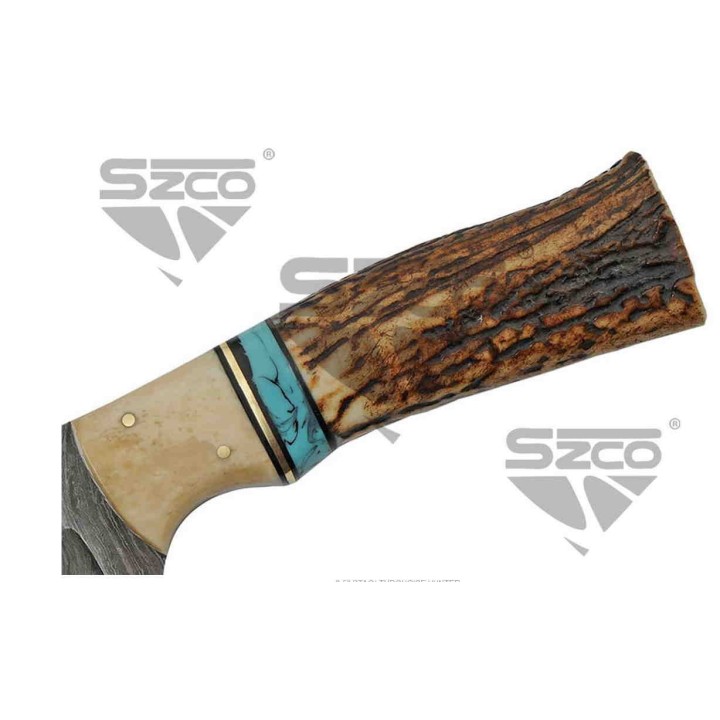 Couteau Damas Skinner Stag/Turquoise Lame 256 Couches Etui Cuir DM1274 - Livraison Gratuite