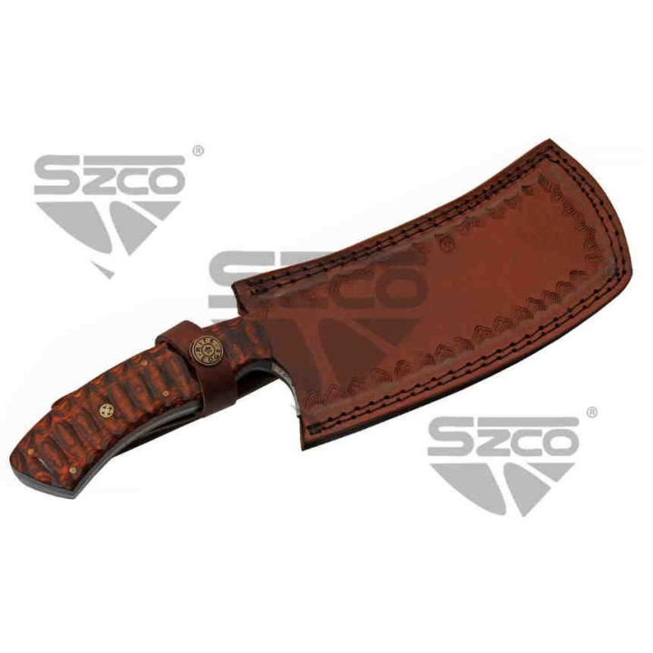 Couteau Couperet Damas Lame 256 Couches Manche Bois Etui Cuir DM1276 - Livraison Gratuite