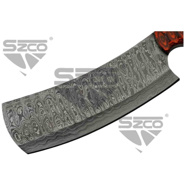Couteau Couperet Damas Lame 256 Couches Manche Bois Etui Cuir DM1276 - Livraison Gratuite